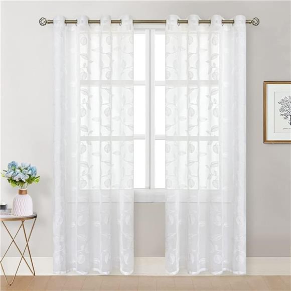 White Sheer Curtains for Living Room 84 Inch Length 2Panels Set, Light Filtering - Picture 2 of 7